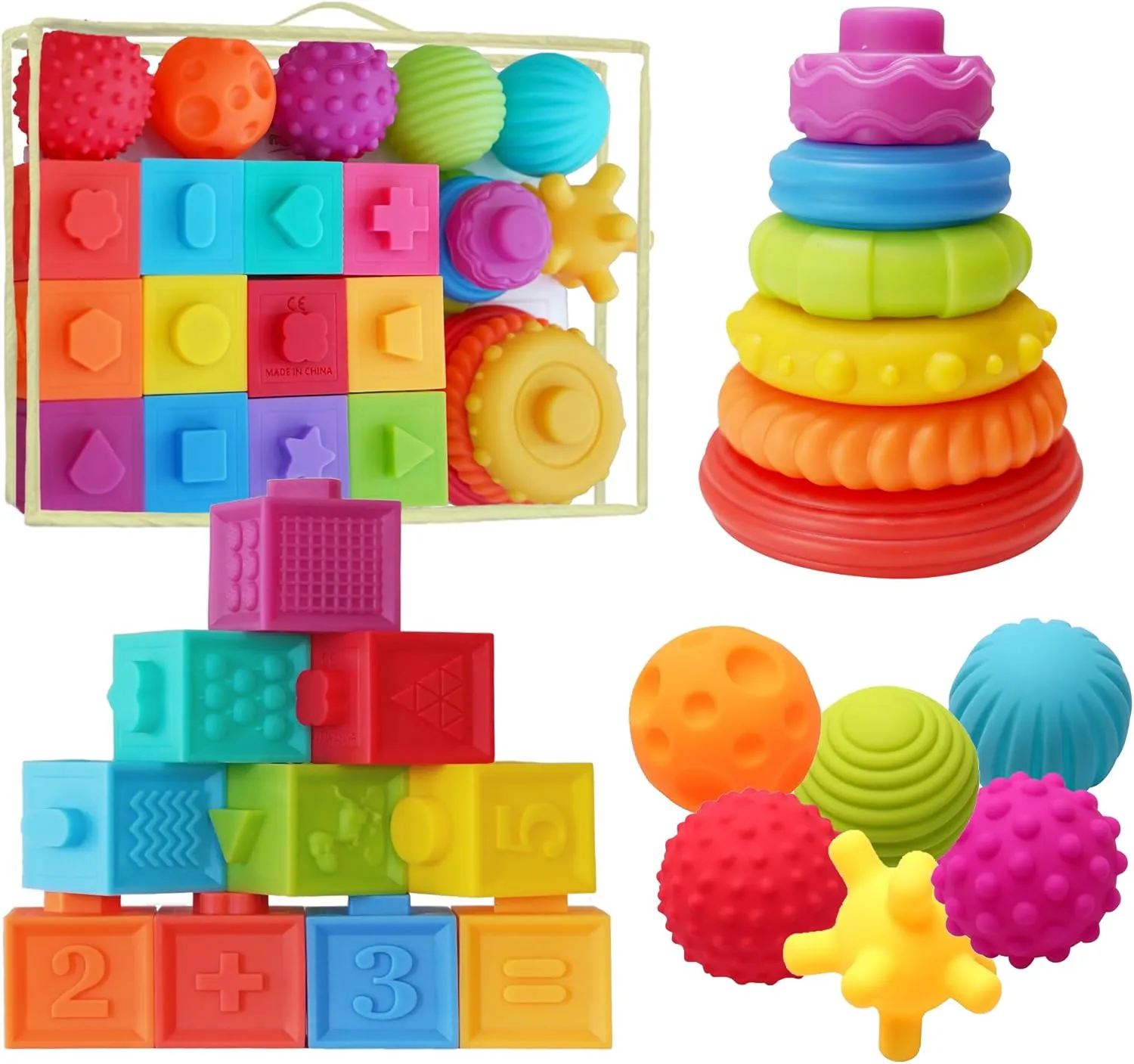 Montessori Silicone Teething Toys for Babies 6 Months   Sensory Developmental Educational Baby Toys Infants & Toddlers - Building Blocks, Stacking Rings, Sensory Balls - (24 Pieces)