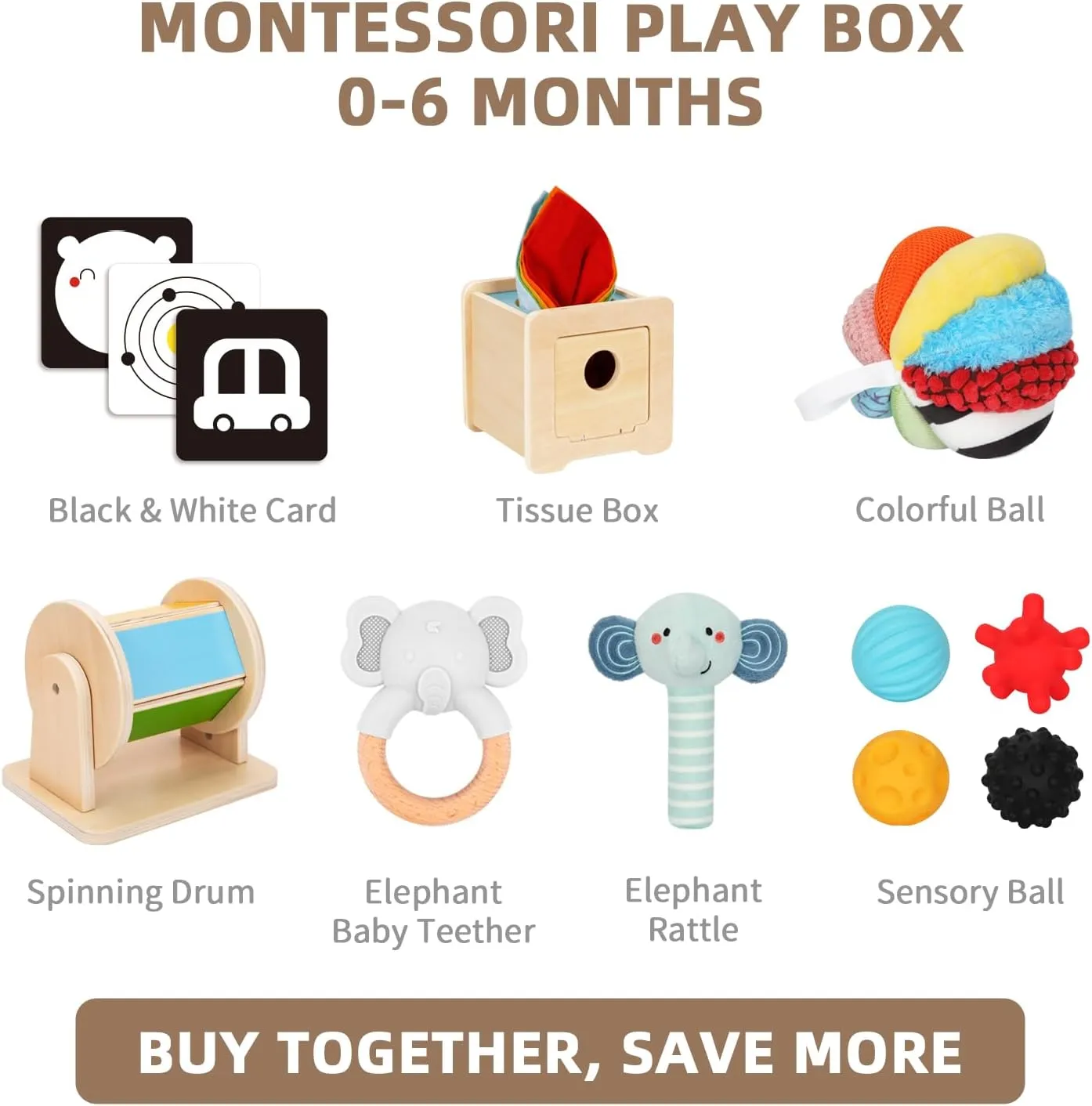 Montessori Toys 0-6 Months, Montessori Toy Set, 7 in 1 Newborn Baby Toys with Spinning Drum, Tissue Box Toy, Sensory Balls, Contrast Cards, Teether and More