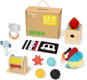 Montessori Toys 0-6 Months, Montessori Toy Set, 7 in 1 Newborn Baby Toys with Spinning Drum, Tissue Box Toy, Sensory Balls, Contrast Cards, Teether and More