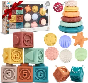Montessori Toys for Babies, 3 in 1 Baby Toys 6 to 12 Months - Stacking Blocks & Sensory Balls & Soft Teething Rings, Newborn Learning Toys Activity Gifts for Toddlers 3-6-9-12 Months, 18PCS