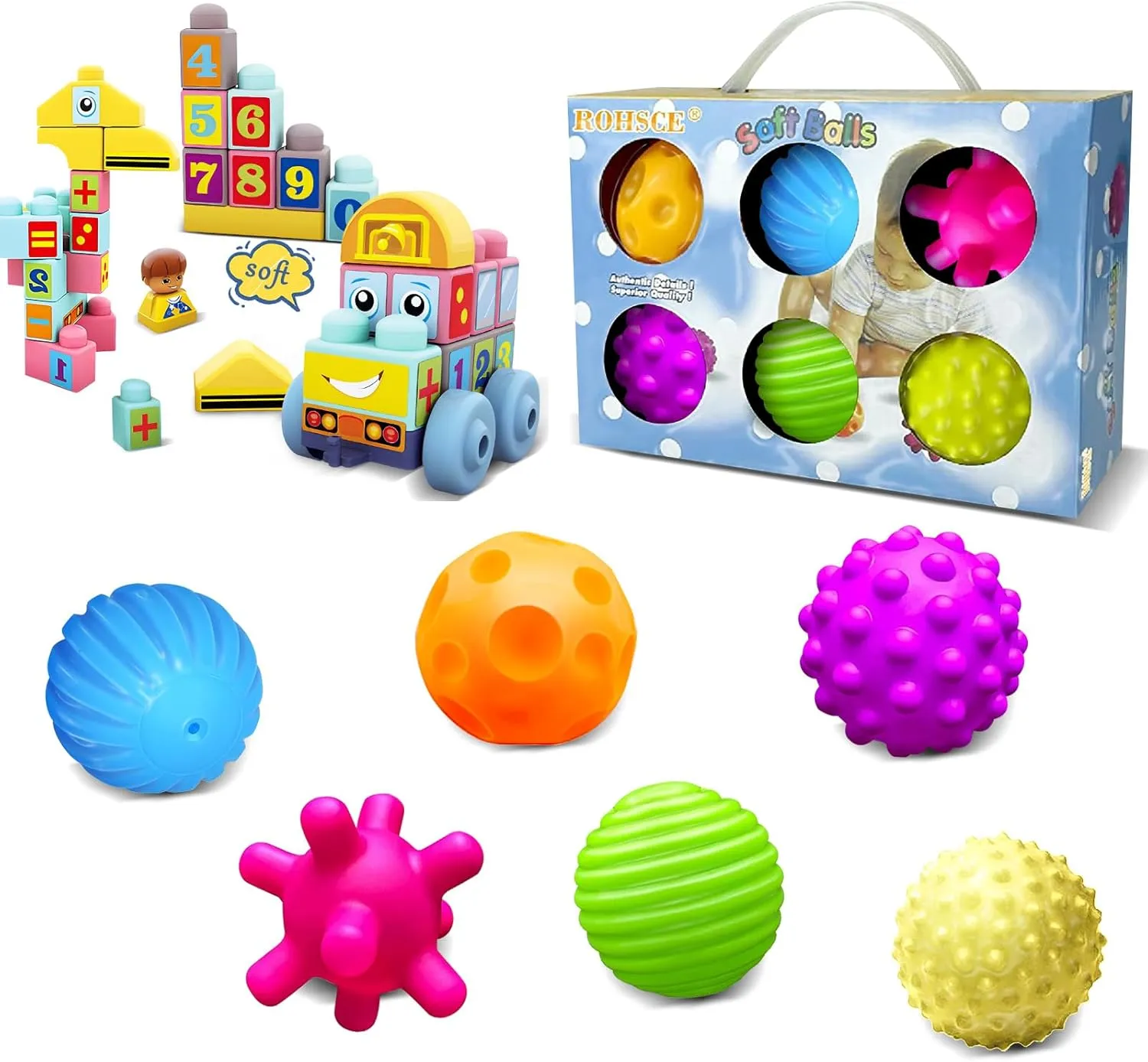 Montessori Toys for Babies 6-12 Months Infant Toys,Bright Color Textured Multi Soft Ball Gift Sets and STEM Soft Blocks for Baby 34 PCS, Toddler Stacking Toy