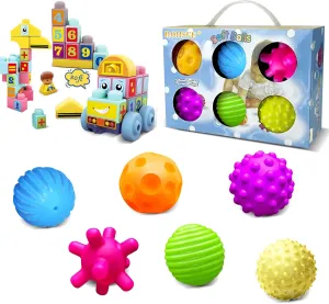 Montessori Toys for Babies 6-12 Months Infant Toys,Bright Color Textured Multi Soft Ball Gift Sets and STEM Soft Blocks for Baby 34 PCS, Toddler Stacking Toy