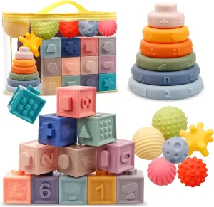 Montessori Toys for Babies,Soft Stacking Building Blocks Rings Balls Sets,3 in 1 Baby Toy Bundle,Sensory Toy for 6-12 Months, Soft Teething Toys for Babies,Baby Gifts for Boy Girl