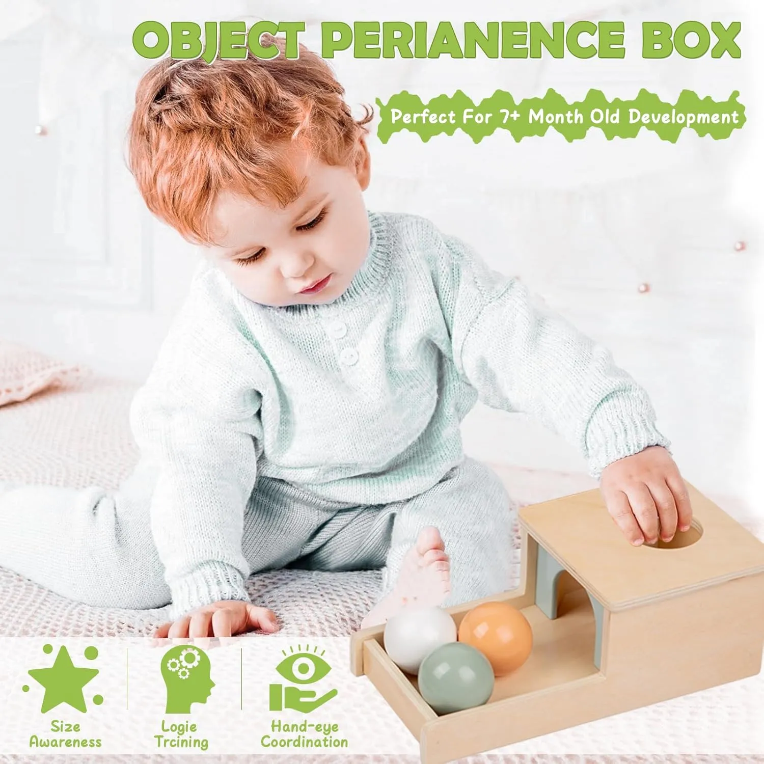 Montessori Toys Play Kit for 6-12 Months Includes:Mirror Puzzle for Babies,Object Permanence Box,Circle Rings Stacking Toy,Soft Building Blocks for Babies and Hand Puppet-Baby Brain Development Toys