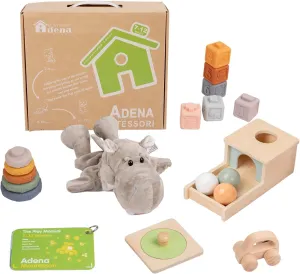 Montessori Toys Play Kit for 6-12 Months Includes:Mirror Puzzle for Babies,Object Permanence Box,Circle Rings Stacking Toy,Soft Building Blocks for Babies and Hand Puppet-Baby Brain Development Toys