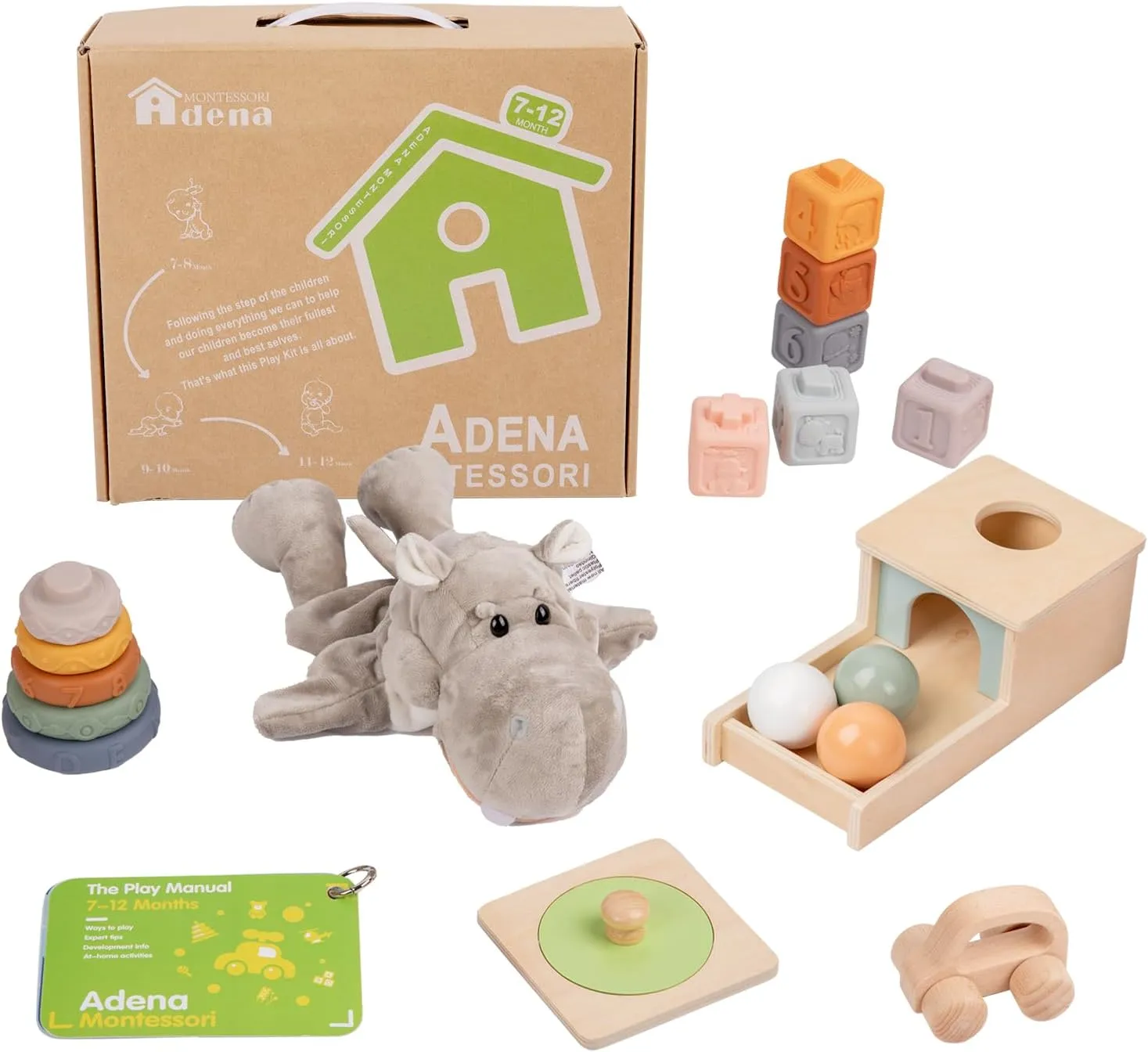 Montessori Toys Play Kit for 6-12 Months Includes:Mirror Puzzle for Babies,Object Permanence Box,Circle Rings Stacking Toy,Soft Building Blocks for Babies and Hand Puppet-Baby Brain Development Toys