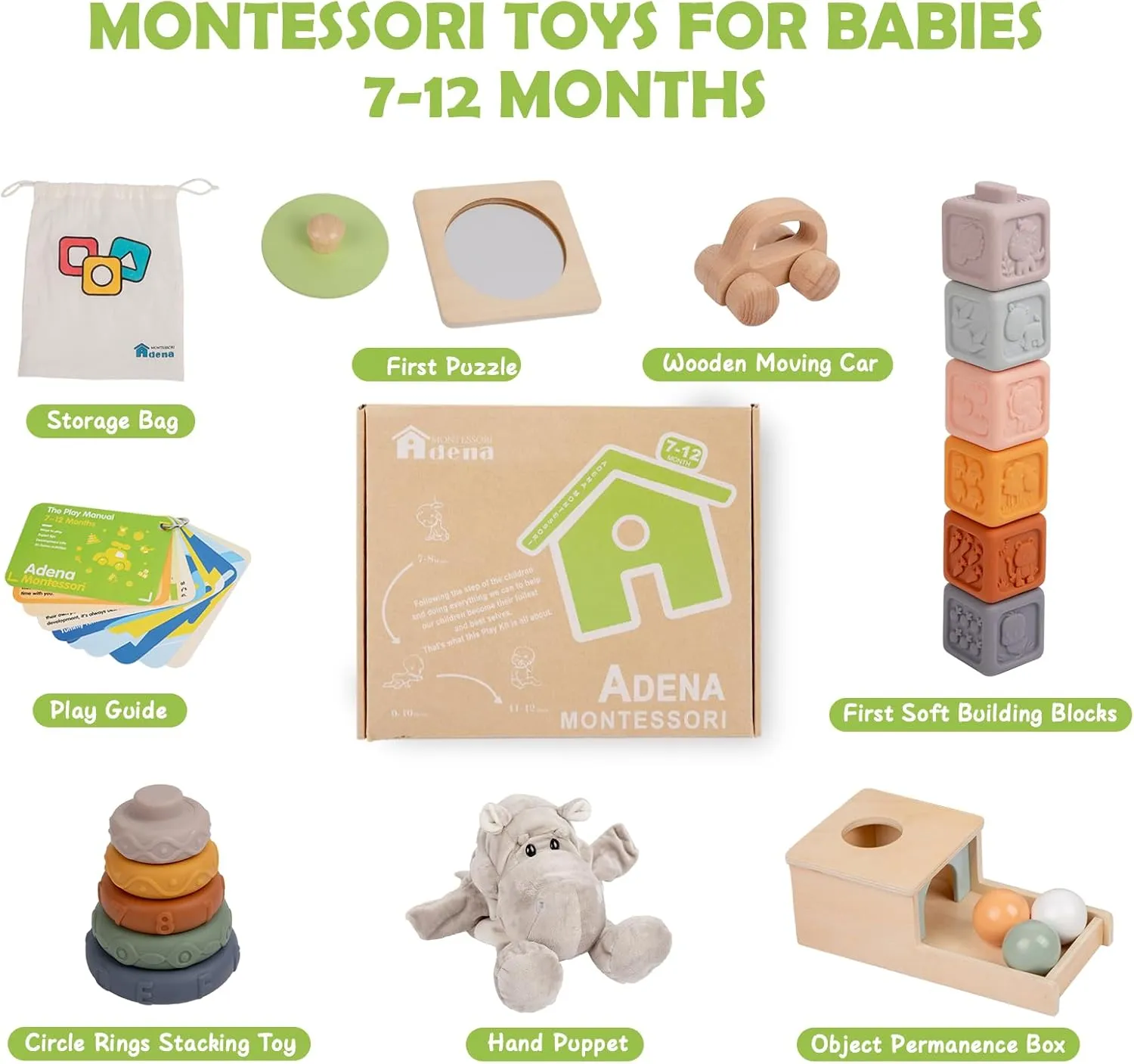 Montessori Toys Play Kit for 6-12 Months Includes:Mirror Puzzle for Babies,Object Permanence Box,Circle Rings Stacking Toy,Soft Building Blocks for Babies and Hand Puppet-Baby Brain Development Toys