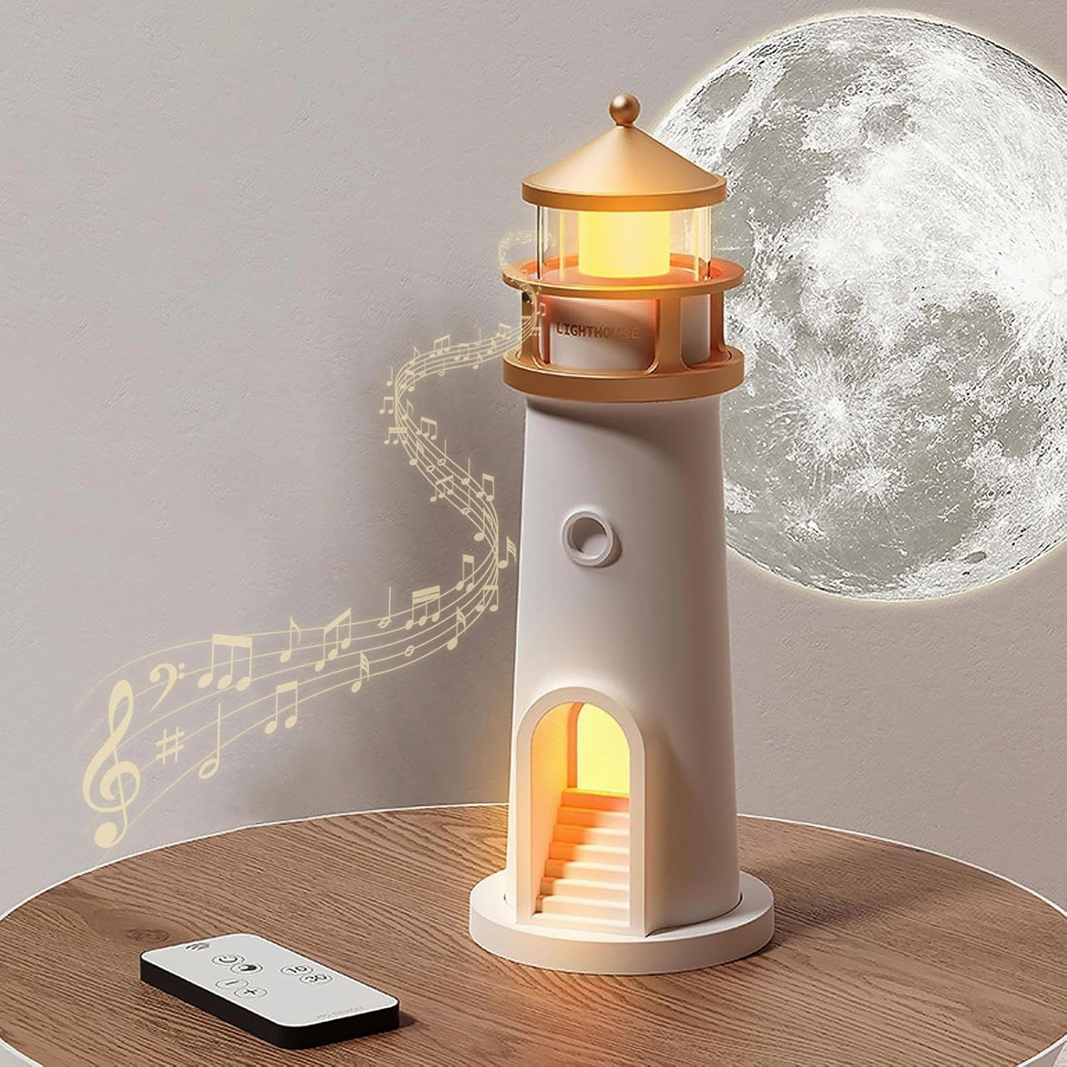 Moon Lighthouse Lamp, LED Moonlight Projector Lamp,Moon Projector Desk lamp with Bluetooth Speakers,Children Starry Sky Night Light,Suitable for Bedroom, Living Room, Desk, Lighthouse Gift