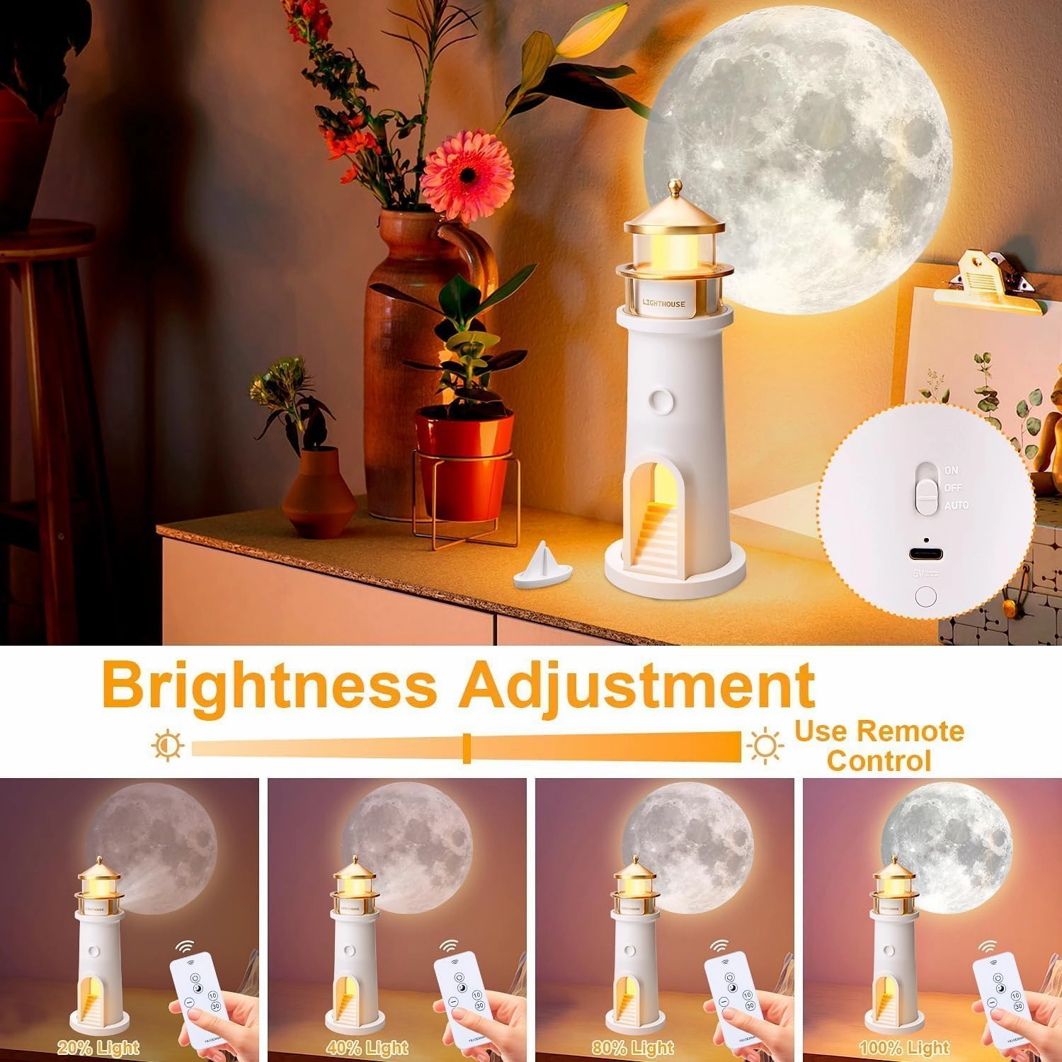 Moon Lighthouse Lamp, LED Moonlight Projector Lamp,Moon Projector Desk lamp with Bluetooth Speakers,Children Starry Sky Night Light,Suitable for Bedroom, Living Room, Desk, Lighthouse Gift