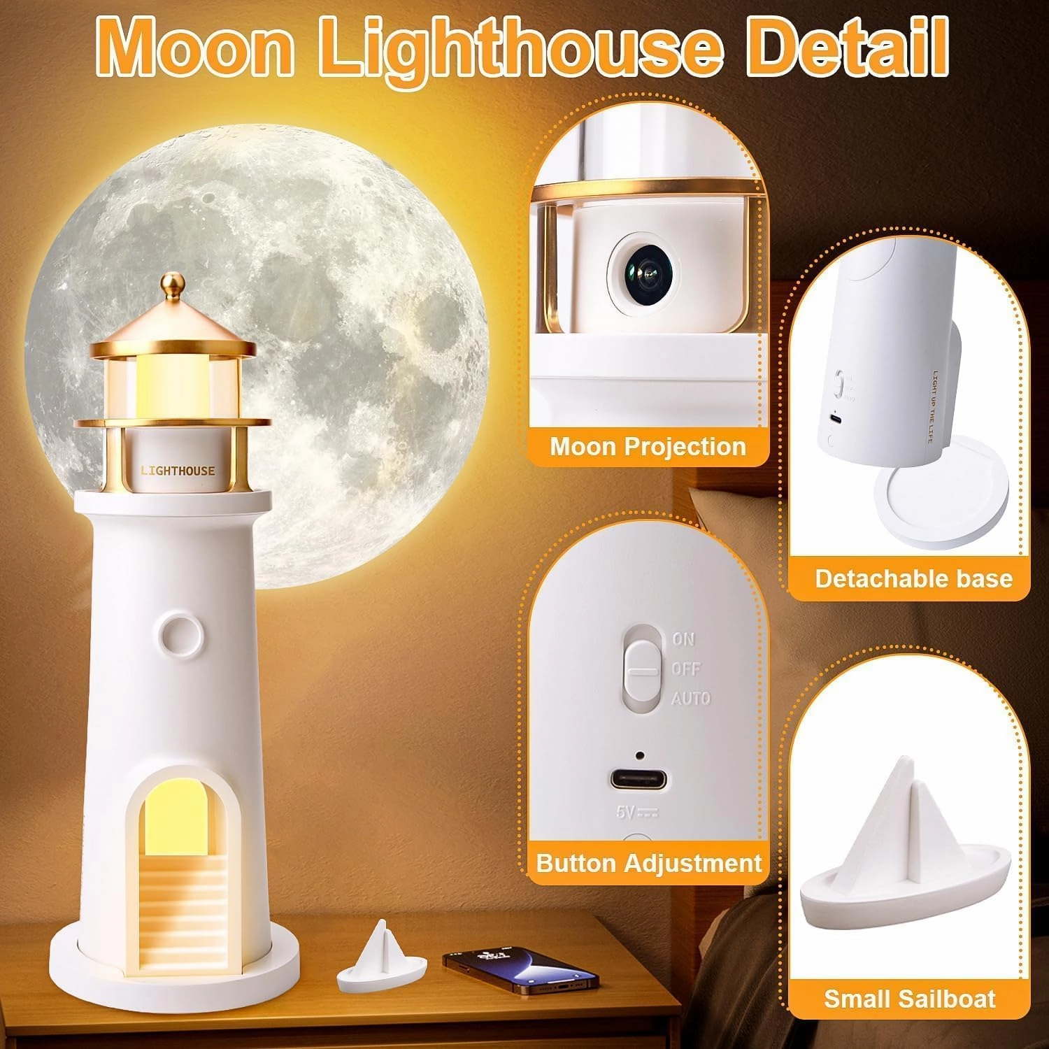 Moon Lighthouse Lamp, LED Moonlight Projector Lamp,Moon Projector Desk lamp with Bluetooth Speakers,Children Starry Sky Night Light,Suitable for Bedroom, Living Room, Desk, Lighthouse Gift