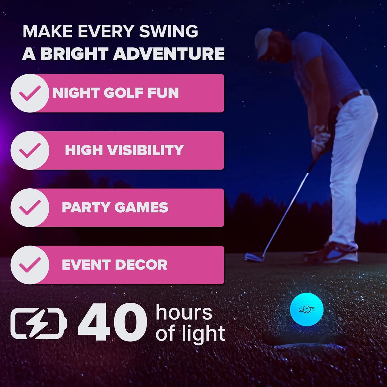 Moonshine LED Golf Balls – 12-Pack of Glow in The Dark, Light Up Golf Balls for Night Play (3 Pink, 3 Green, 3 Blue, 3 Orange) with 8 Minutes of Glow per Hit & 40-Hour Battery Life
