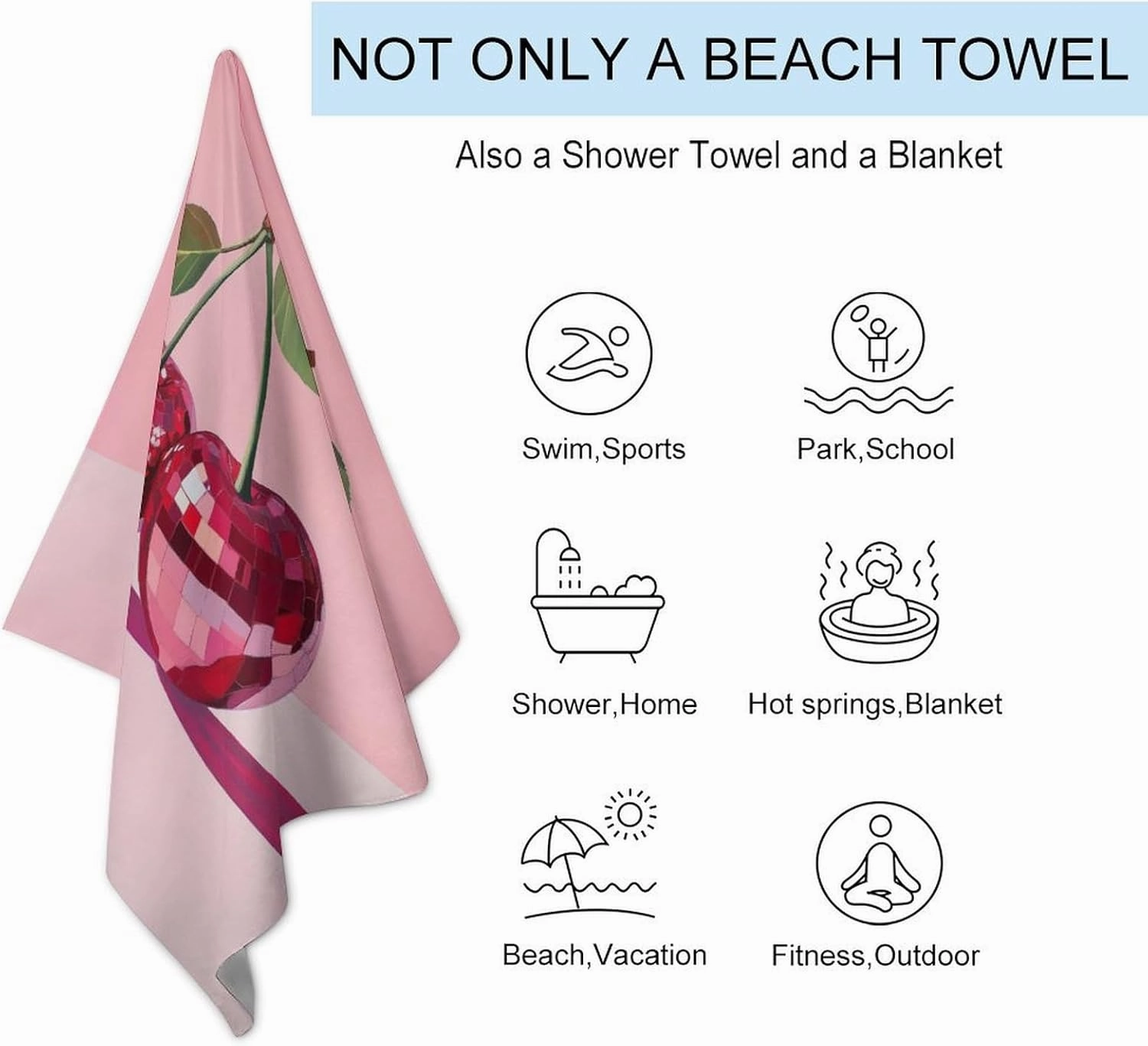 Mosaic Disco Ball Cherries Beach Towel Sand Free Microfiber Large Shower Towels Multipurpose Absorbent for Bathroom Pool 52x32 Inch