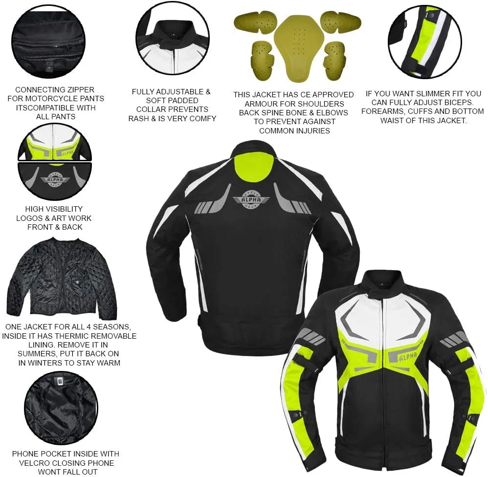 MOTORCYCLE JACKET MENS CE ARMORED BIKERS RIDING RACING WATERPROOF ALL SEASON JACKET (GREEN, MEDIUM)