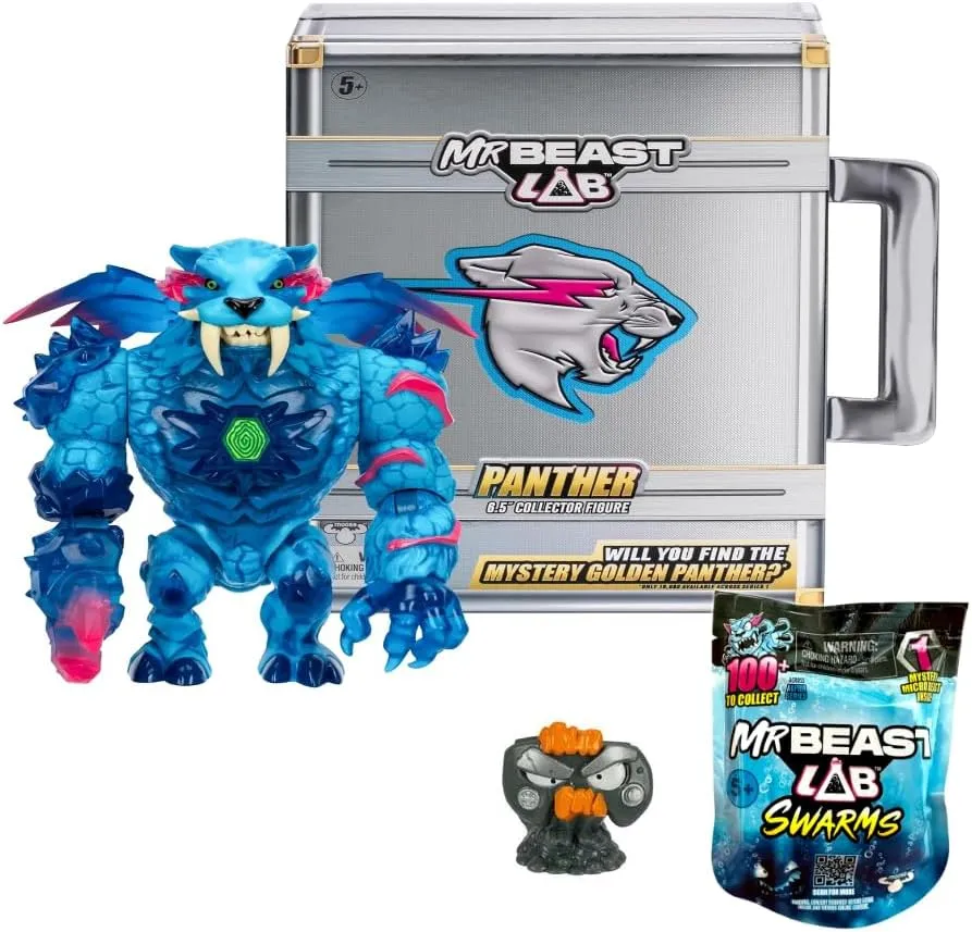 Mr. Beast Lab 6.5 Inch Collector Panther Articulating Action Figure in Signature Briefcase with MrBeast Mini 1 inch Swarms Mystery Collectable Toy Figure Gift Bundled Set