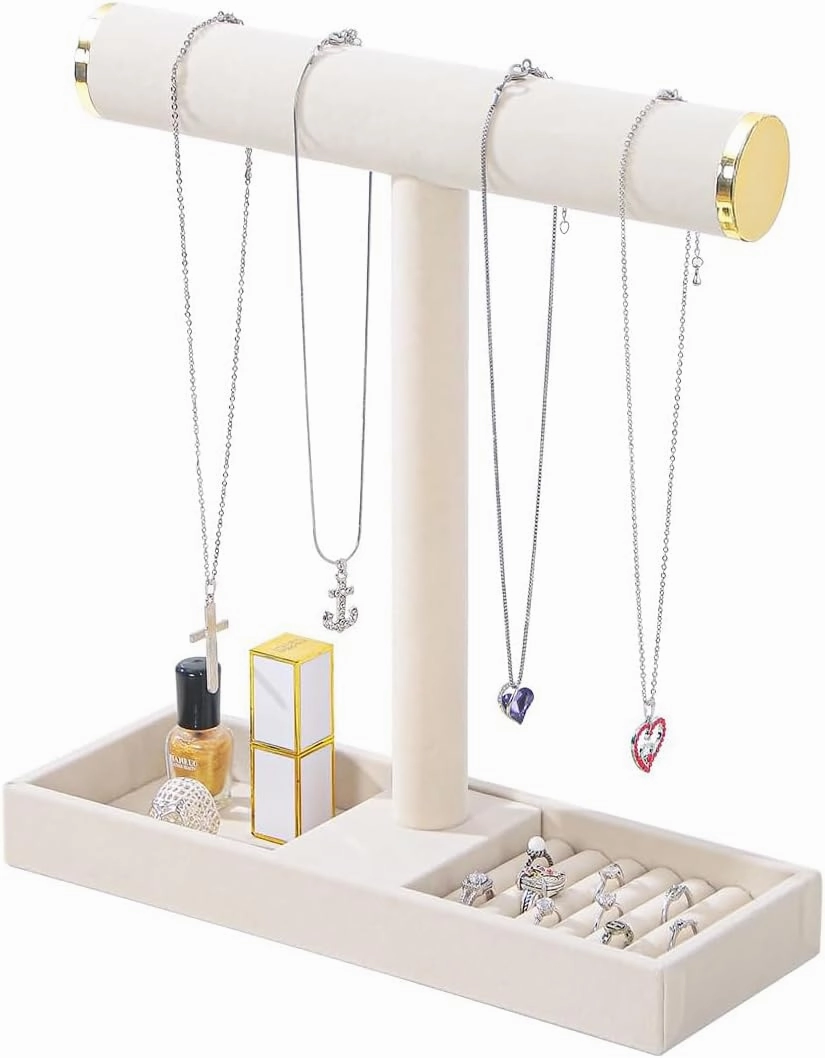 Multi-Use Jewelry Holder Stand, Necklace Bracelet Ring Organizer Stand, Scrunchie Watches Velvet Jewelry Holder Stand With Tray for Women Girls Home Use(Beige with Lid)