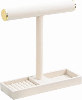 Multi-Use Jewelry Holder Stand, Necklace Bracelet Ring Organizer Stand, Scrunchie Watches Velvet Jewelry Holder Stand With Tray for Women Girls Home Use(Beige with Lid)