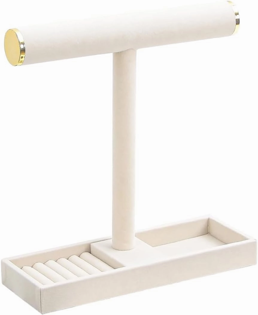 Multi-Use Jewelry Holder Stand, Necklace Bracelet Ring Organizer Stand, Scrunchie Watches Velvet Jewelry Holder Stand With Tray for Women Girls Home Use(Beige with Lid)