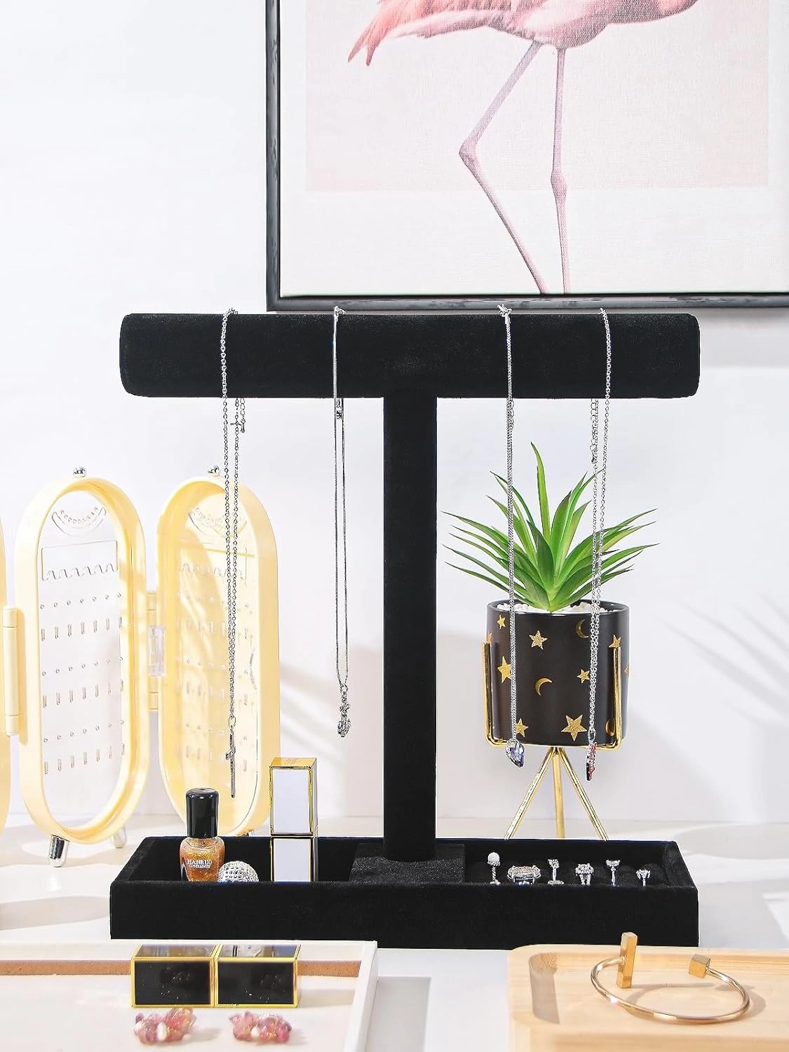 Multi-Use Jewelry Holder Stand, Necklace Bracelet Ring Organizer Stand, Scrunchie Watches Velvet Jewelry Holder Stand With Tray for Women Home Use(Black Color)