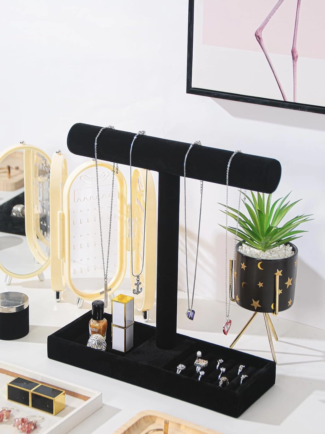 Multi-Use Jewelry Holder Stand, Necklace Bracelet Ring Organizer Stand, Scrunchie Watches Velvet Jewelry Holder Stand With Tray for Women Home Use(Black Color)