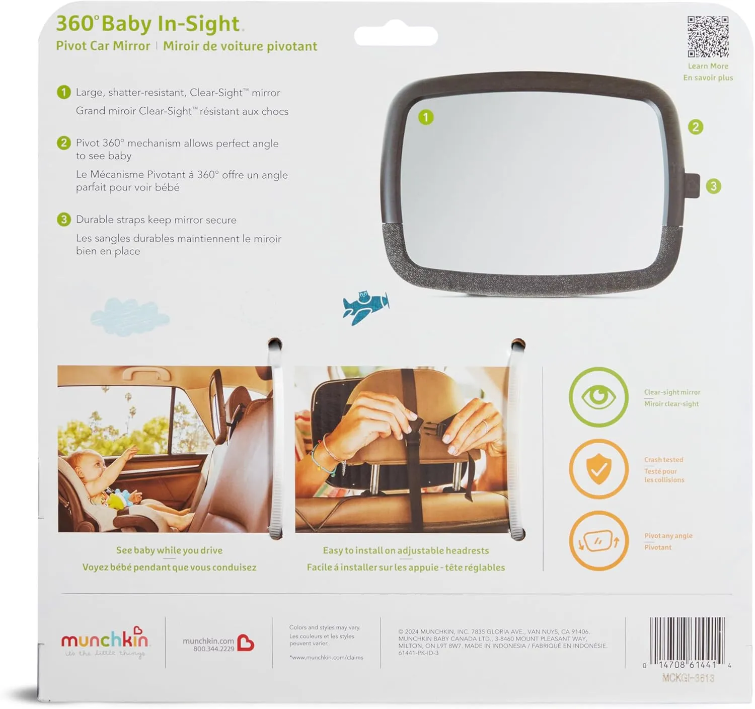 Munchkin Baby Car Mirror for Rear Facing Car Seats, Pivot 360 Baby in-Sight Adjustable Auto Mirror, Black