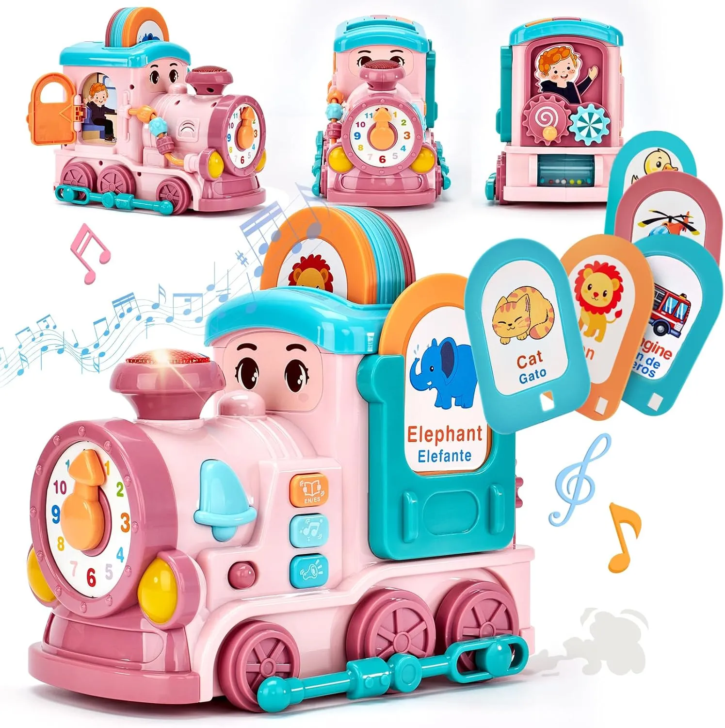 Musical Toy for 1 2 Year Old Girl Gifts，First Year Activity Musical Train with Talking Flash Cards Bilingual (EN/ES), Educational Learning Toys for Toddlers, Baby Toys 12-18 Months Girl Easter Gifts