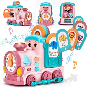Musical Toy for 1 2 Year Old Girl Gifts，First Year Activity Musical Train with Talking Flash Cards Bilingual (EN/ES), Educational Learning Toys for Toddlers, Baby Toys 12-18 Months Girl Easter Gifts
