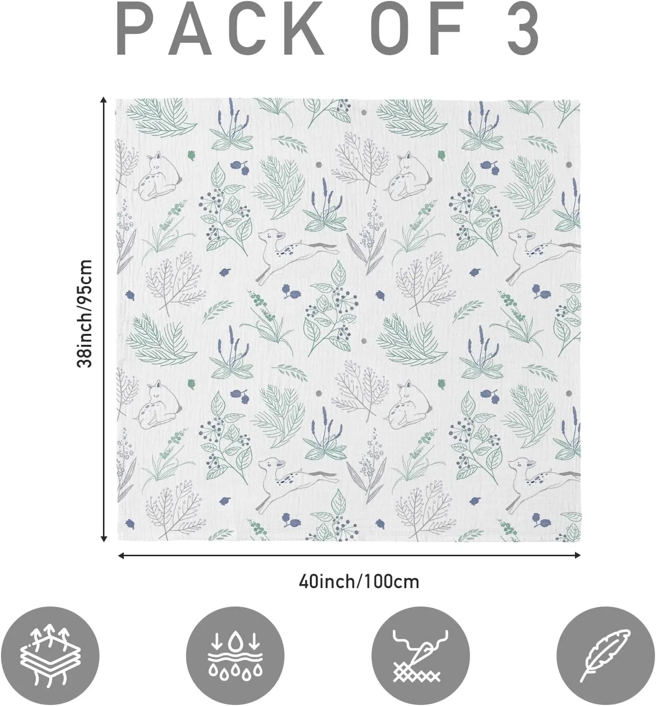 Muslin Swaddle Blankets for Newborn, 3 Pack Breathable Soft Receiving Blanket, Large 38 x 40 inches Swaddle Wrap Burping Clothes Diapers, Essentials Infant Shower Items, Toddler Gift (Fawn & Leaves)
