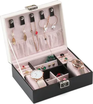 MUSUMI Jewelry Box PU Leather Jewelry Box Organizer with 2 Watch Case Removable Tray Jewelry Display Storage Case - Velvet Lining - Earring Ring Bracelet Case Jewelry Box Organizer (Black)