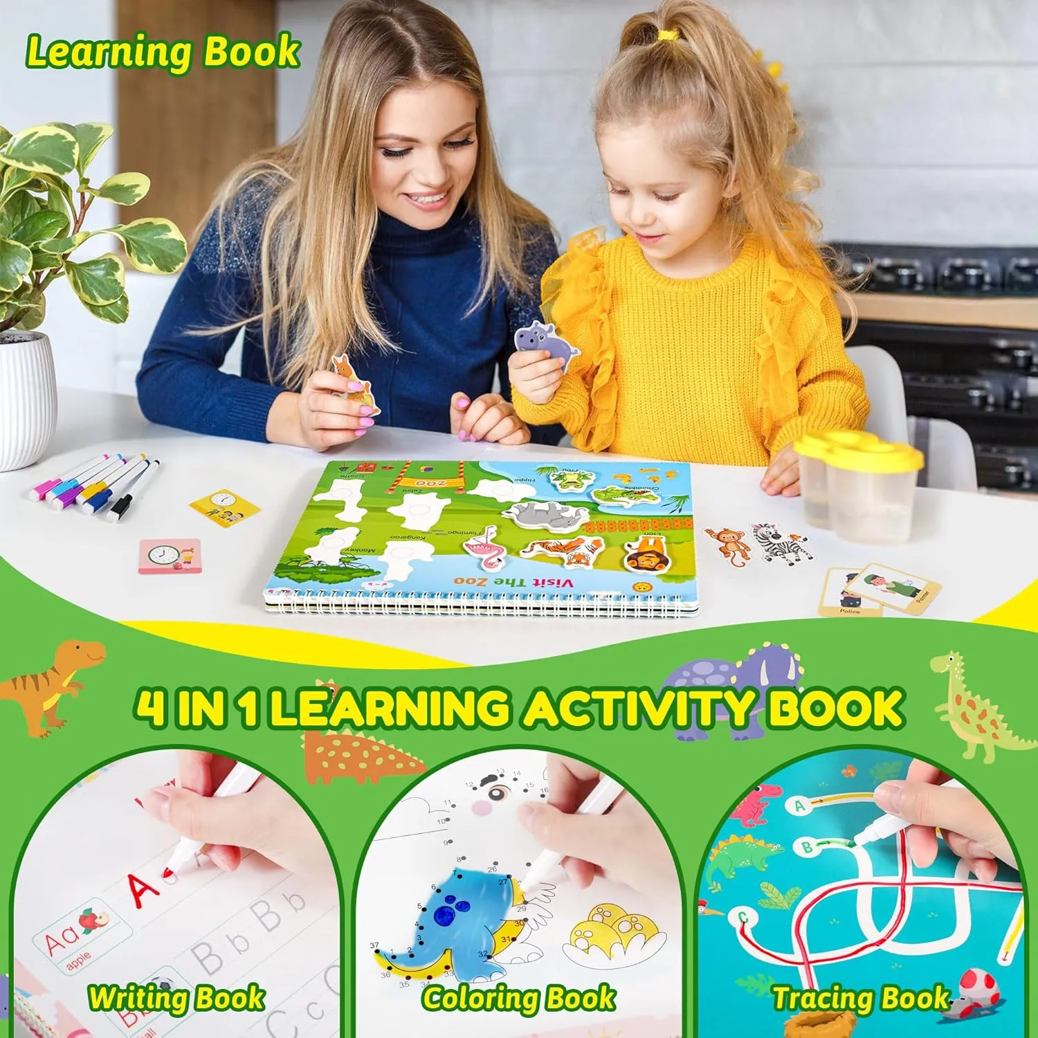 My Preschool Busy Book for Toddler 1-3 3-5, Preschool Learning Activities, Dinosaur Busy Board for Kids, Montessori Educational Toys Game for 3 4 Year Old, Easter Birthdays Gifts for Girls, Boys