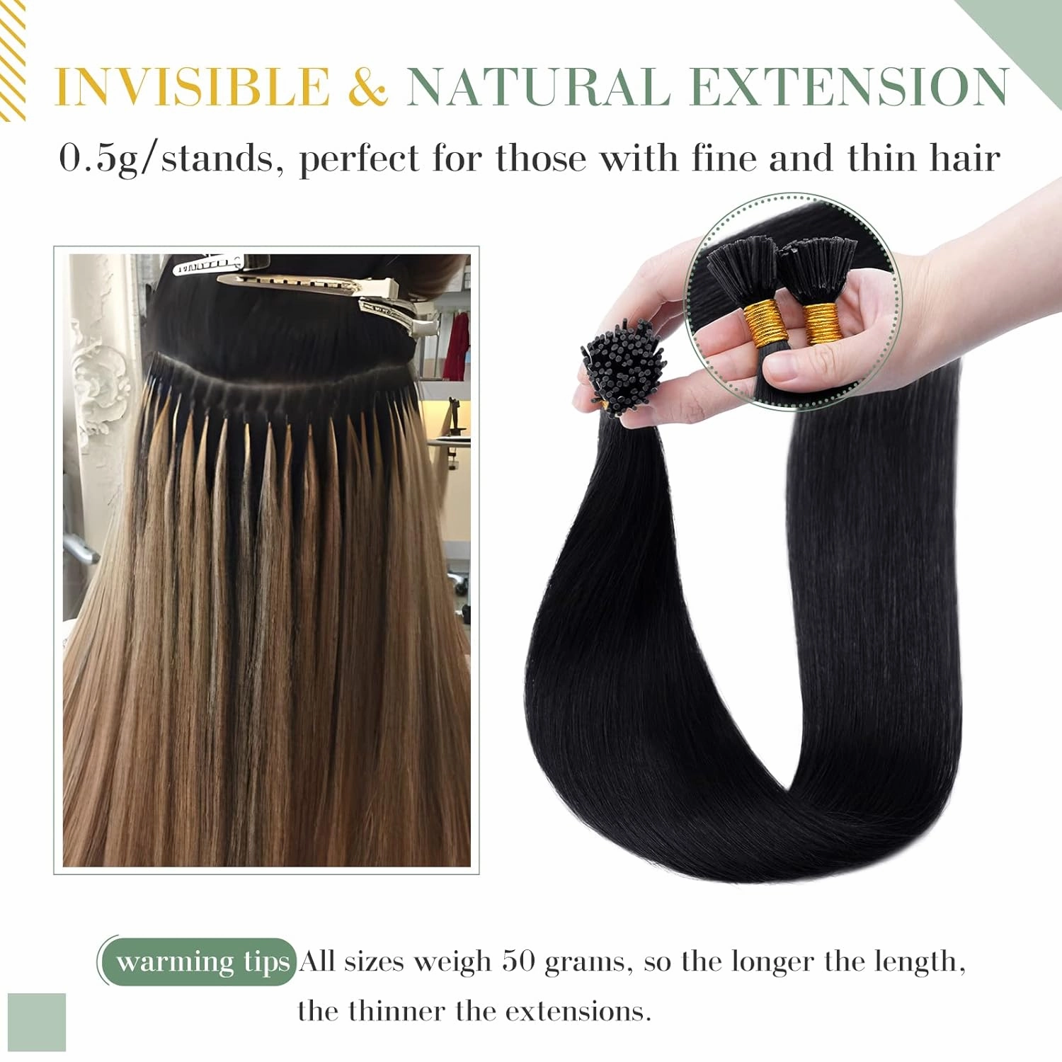 MY-LADY I Tip Hair Extensions Human Hair 100 Strands 16 Inch Jet Black Pre Bonded ITip Human Hair Extensions Cold Fusion Stick Tip Hair Extensions 50g