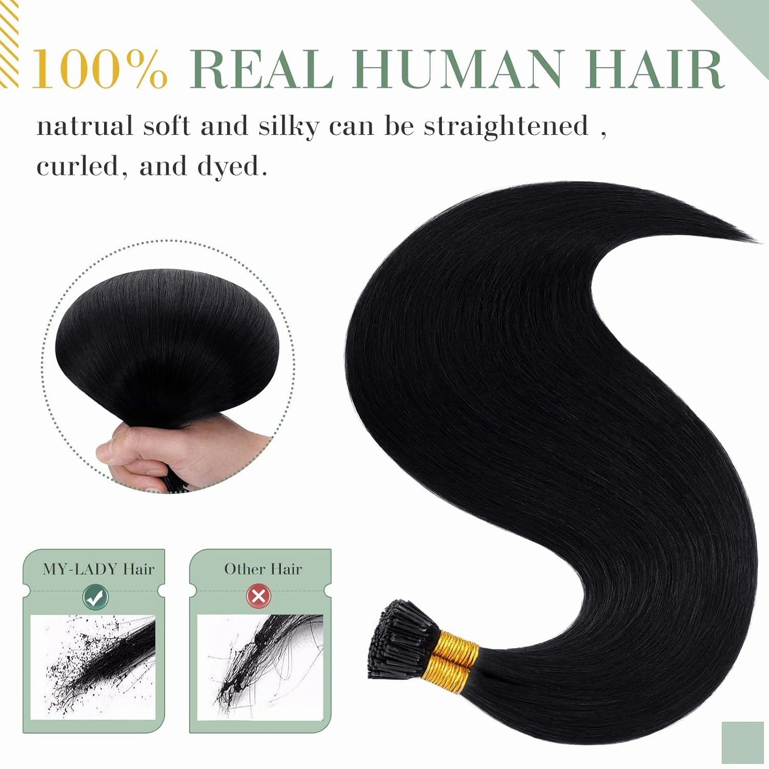 MY-LADY I Tip Hair Extensions Human Hair 100 Strands 16 Inch Jet Black Pre Bonded ITip Human Hair Extensions Cold Fusion Stick Tip Hair Extensions 50g