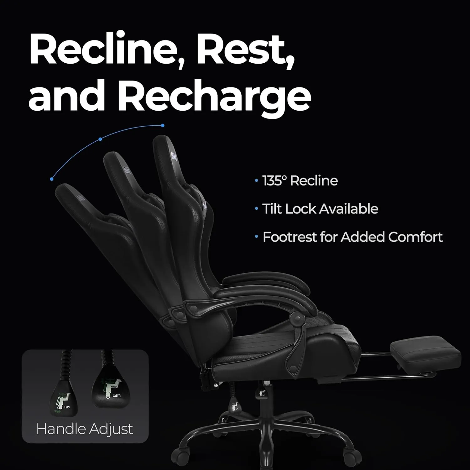 N-GEN Video Gaming Chair with Footrest High Back Ergonomic Comfortable Office Computer Desk with Lumbar Support Height Adjustable with PU Leather Recliner for Adults Women Men (Black)