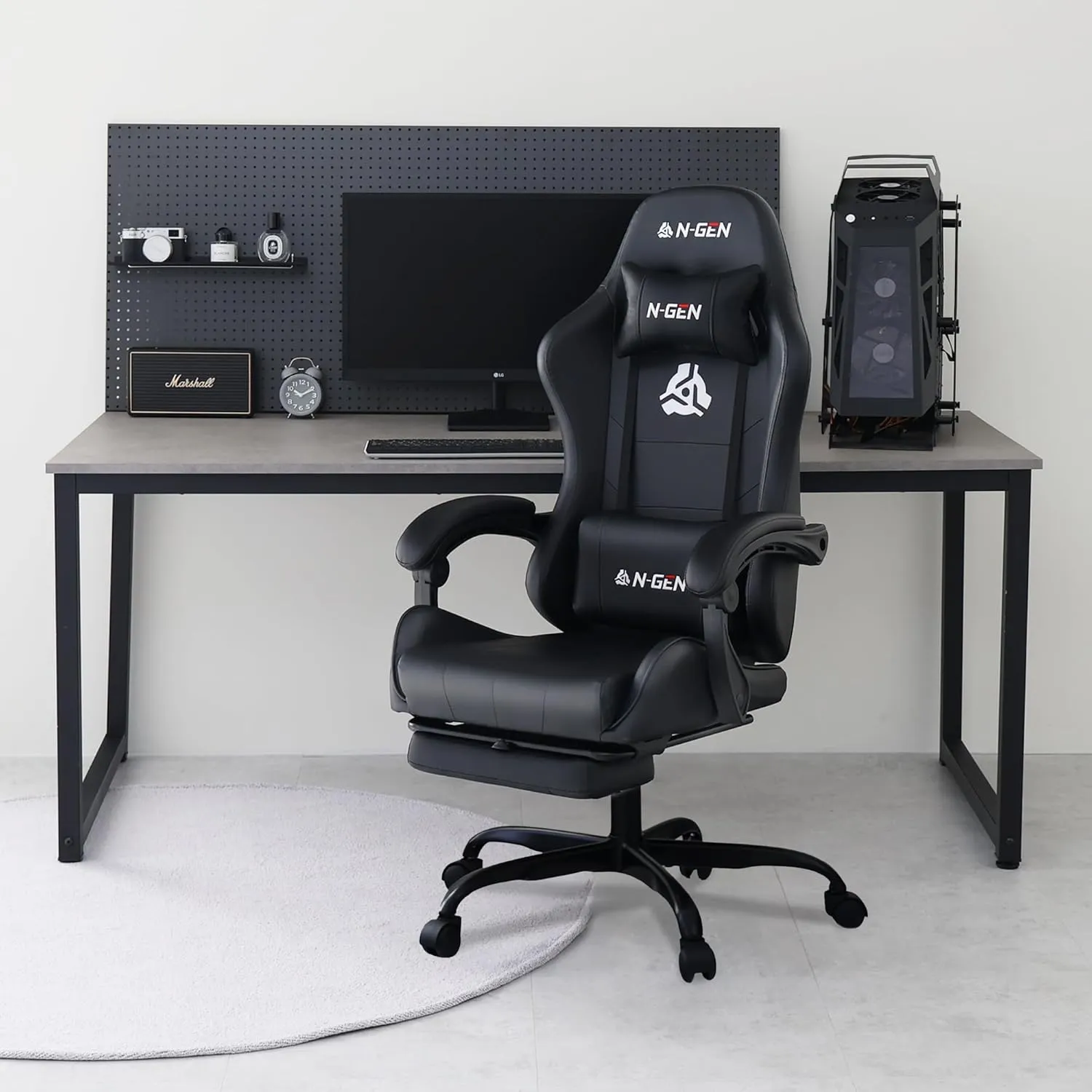 N-GEN Video Gaming Chair with Footrest High Back Ergonomic Comfortable Office Computer Desk with Lumbar Support Height Adjustable with PU Leather Recliner for Adults Women Men (Black)