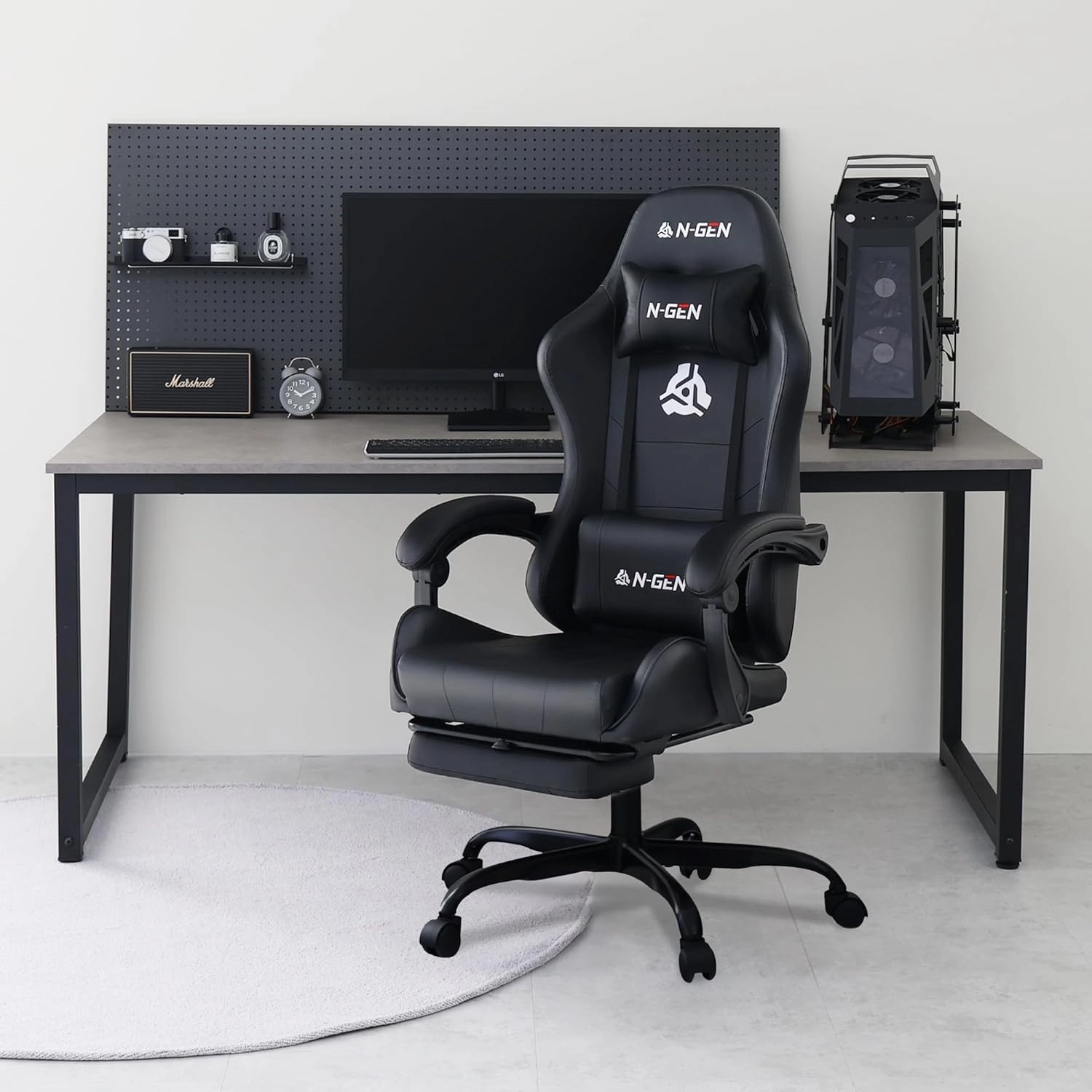 N-GEN Video Gaming Chair with Footrest High Back Ergonomic Comfortable Office Computer Desk with Lumbar Support Height Adjustable with PU Leather Recliner for Adults Women Men (Black)