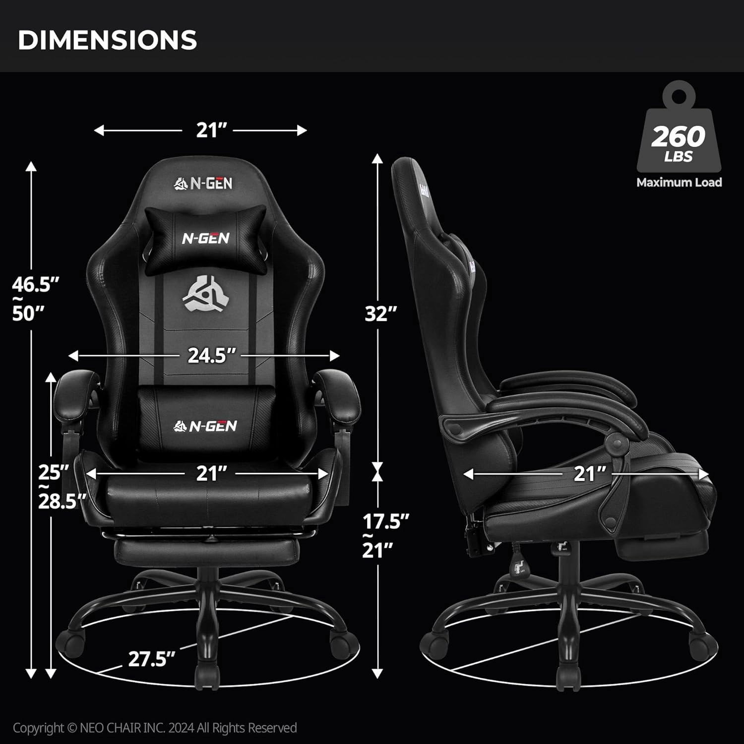 N-GEN Video Gaming Chair with Footrest High Back Ergonomic Comfortable Office Computer Desk with Lumbar Support Height Adjustable with PU Leather Recliner for Adults Women Men (Black)