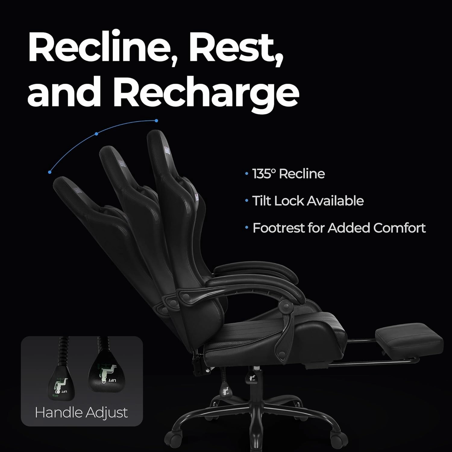 N-GEN Video Gaming Chair with Footrest High Back Ergonomic Comfortable Office Computer Desk with Lumbar Support Height Adjustable with PU Leather Recliner for Adults Women Men (Black)