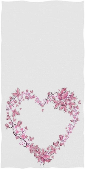 Naanle Stylish Love Shape Heart of Butterflies Mother's Day Valentine's Day Soft Large Hand Towels for Bathroom, Hotel, Gym and Kitchen (16 x 30 Inches,White Pink)