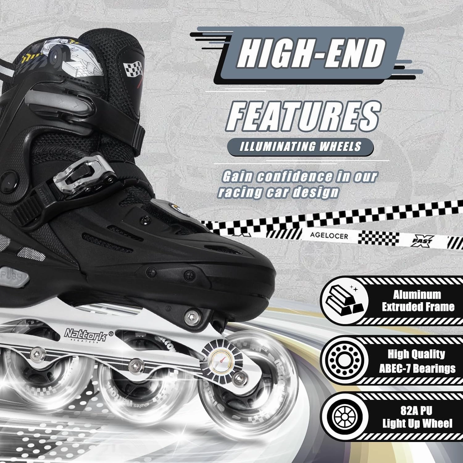 Nattork Kids Inline Skates Adjustable Light up Wheels Blades Roller for Boys Girls- TeenYouth Age 6-12 - Cool Racing Car Decorations Indoor Outdoor Birthday Gift for Son and Grandson
