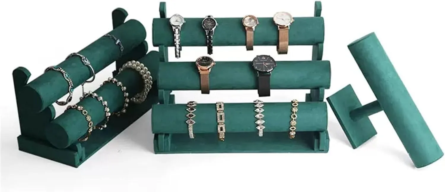Necklace Holder Green Velvet Bracelet Display Stand 1/2/3 Tiers Detachable T-Shaped Watch Stand for Jewelry Storage Box Exhibition Display Shelf