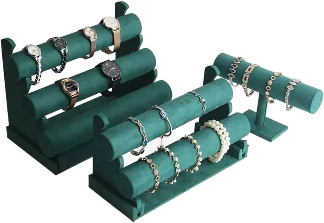 Necklace Holder Green Velvet Bracelet Display Stand 1/2/3 Tiers Detachable T-Shaped Watch Stand for Jewelry Storage Box Exhibition Display Shelf