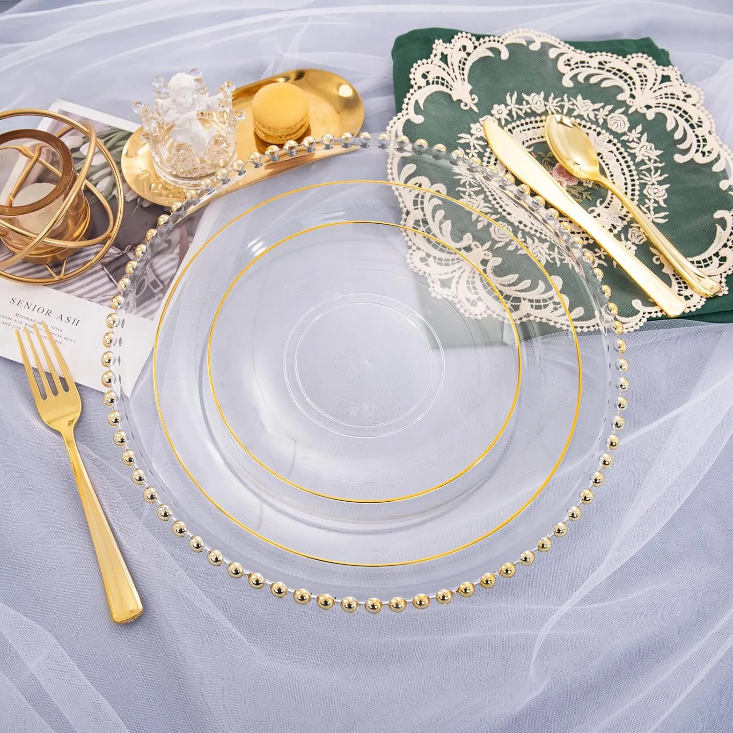 Nervure 125PCS Clear Gold Plastic Plates - Clear Plastic Plates with Gold Rim Include 25 Dinner Plate, 25 Dessert Plate, 25 Forks, 25 Knives, 25 Spoons for Wedding & Party & Christmas