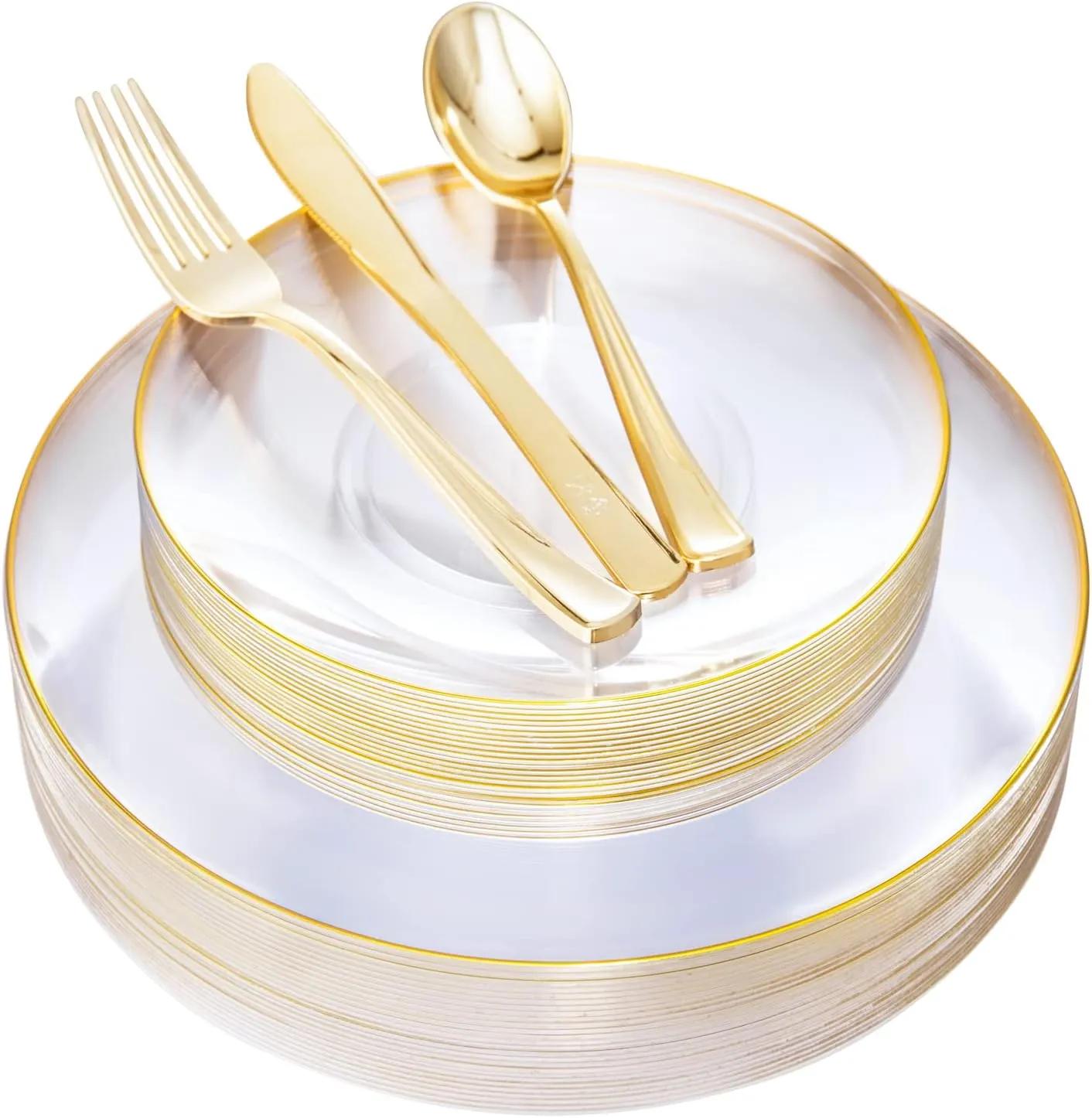 Nervure 125PCS Clear Gold Plastic Plates - Clear Plastic Plates with Gold Rim Include 25 Dinner Plate, 25 Dessert Plate, 25 Forks, 25 Knives, 25 Spoons for Wedding & Party & Christmas