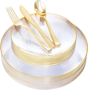 Nervure 125PCS Clear Gold Plastic Plates - Clear Plastic Plates with Gold Rim Include 25 Dinner Plate, 25 Dessert Plate, 25 Forks, 25 Knives, 25 Spoons for Wedding & Party & Christmas