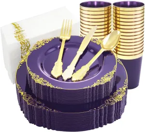 Nervure 175PCS Clear Purple Plastic Plates - Gold Plastic Plates for 25 Guests Include 25Dinner Plate, 25Dessert Plate, 25Cups, 75 Cutlery, 25Napkins for Wedding & Party & Mother's Day