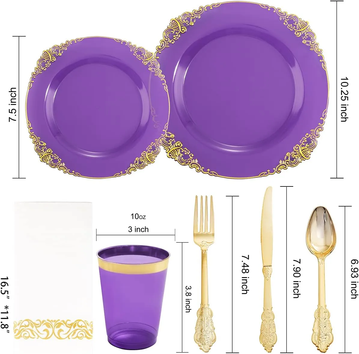 Nervure 175PCS Clear Purple Plastic Plates - Gold Plastic Plates for 25 Guests Include 25Dinner Plate, 25Dessert Plate, 25Cups, 75 Cutlery, 25Napkins for Wedding & Party & Mother's Day