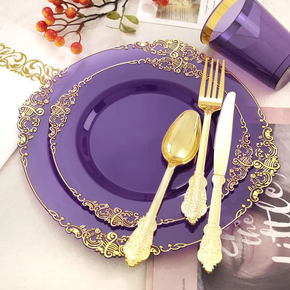 Nervure 175PCS Clear Purple Plastic Plates - Gold Plastic Plates for 25 Guests Include 25Dinner Plate, 25Dessert Plate, 25Cups, 75 Cutlery, 25Napkins for Wedding & Party & Mother's Day