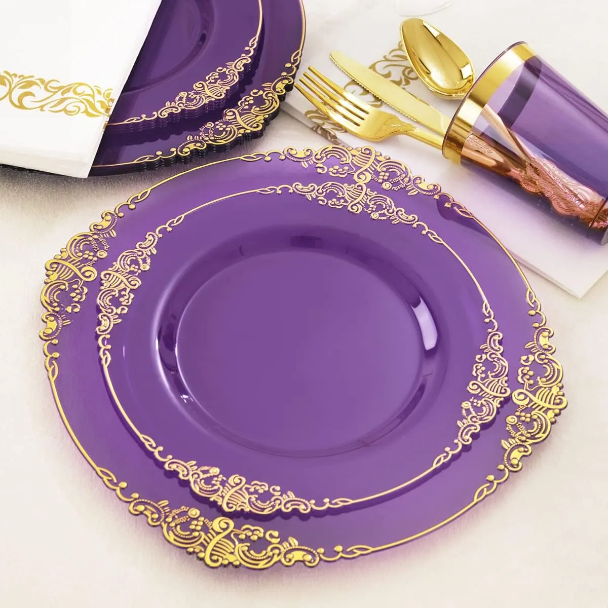 Nervure 175PCS Clear Purple Plastic Plates - Gold Plastic Plates for 25 Guests Include 25Dinner Plate, 25Dessert Plate, 25Cups, 75 Cutlery, 25Napkins for Wedding & Party & Mother's Day