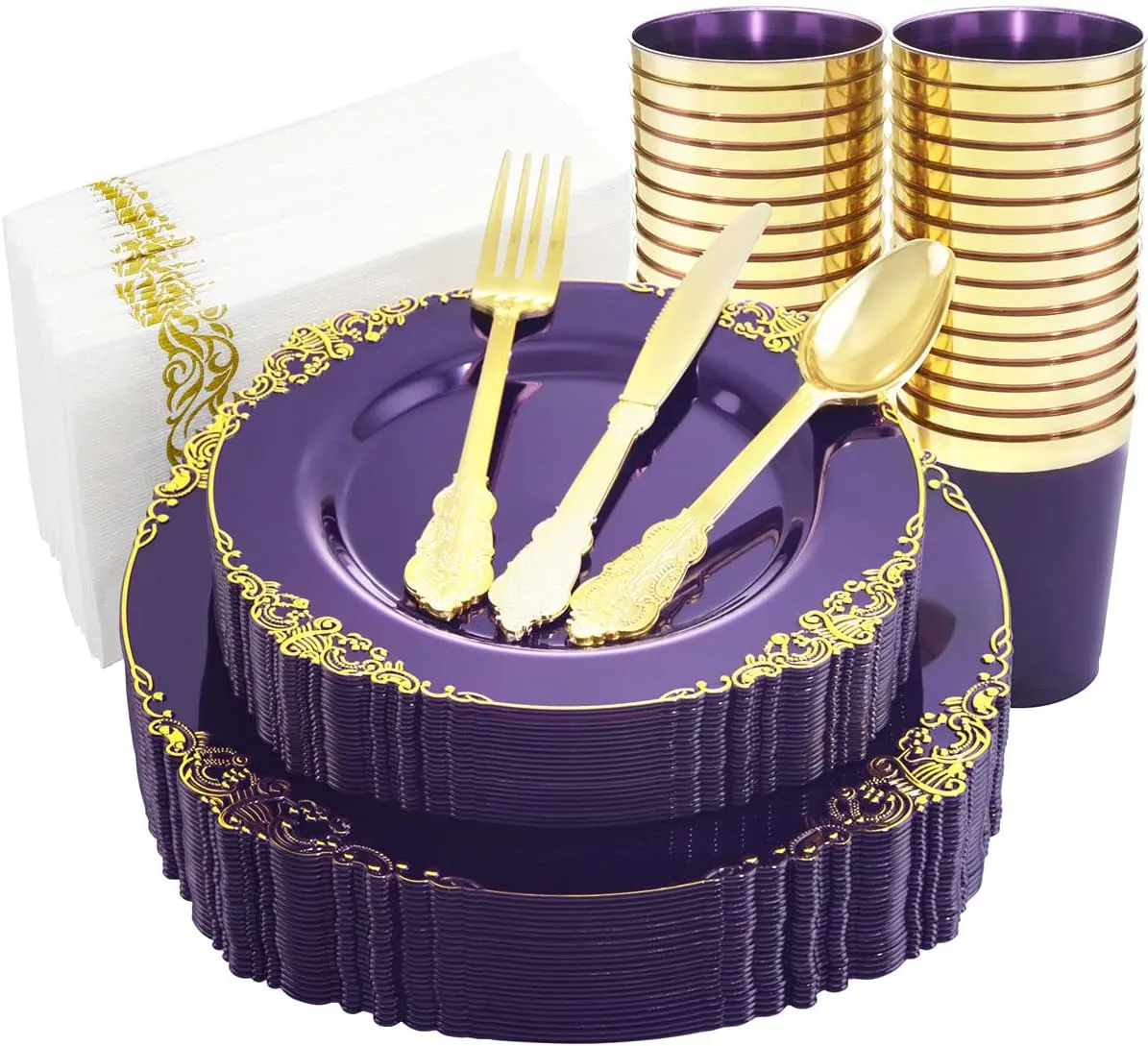 Nervure 175PCS Clear Purple Plastic Plates - Gold Plastic Plates for 25 Guests Include 25Dinner Plate, 25Dessert Plate, 25Cups, 75 Cutlery, 25Napkins for Wedding & Party & Mother's Day