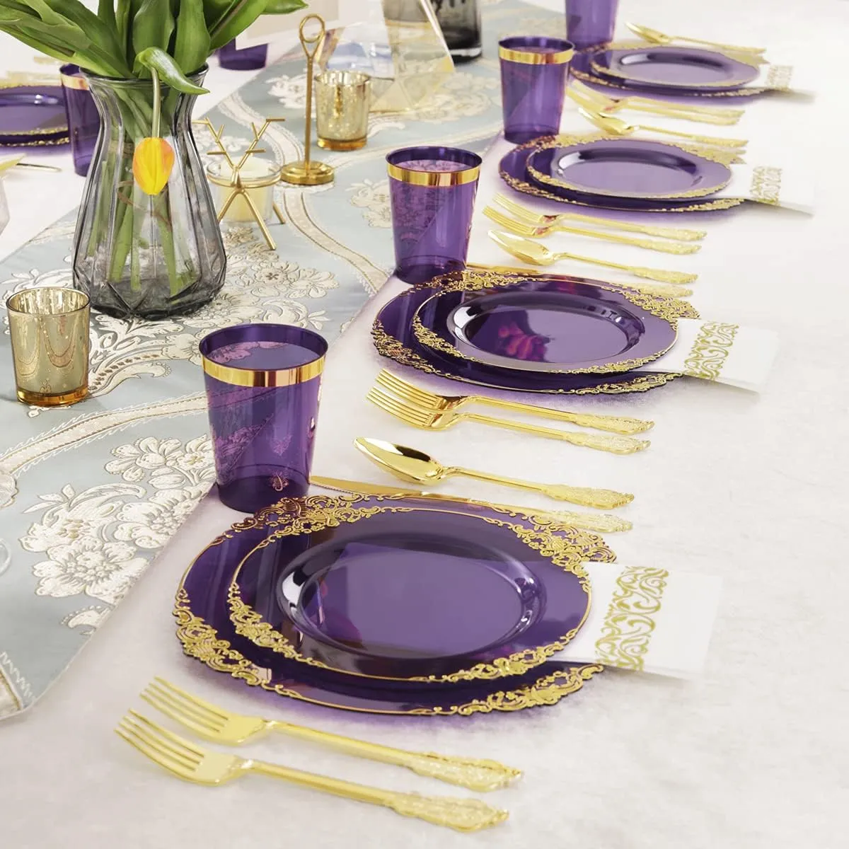 Nervure 175PCS Clear Purple Plastic Plates - Gold Plastic Plates for 25 Guests Include 25Dinner Plate, 25Dessert Plate, 25Cups, 75 Cutlery, 25Napkins for Wedding & Party & Mother's Day
