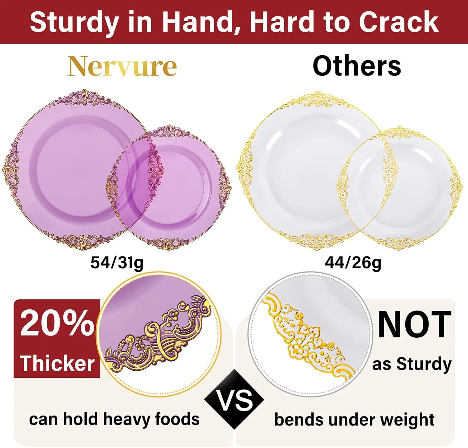 Nervure 175PCS Purple Plastic Plates - Disposable Purple Gold Party Plates & Pre Rolled Napkins with Cutlery for 25 Guests, 50Plates, 75Silverware, 25Cups, 25Napkin for Wedding & Party